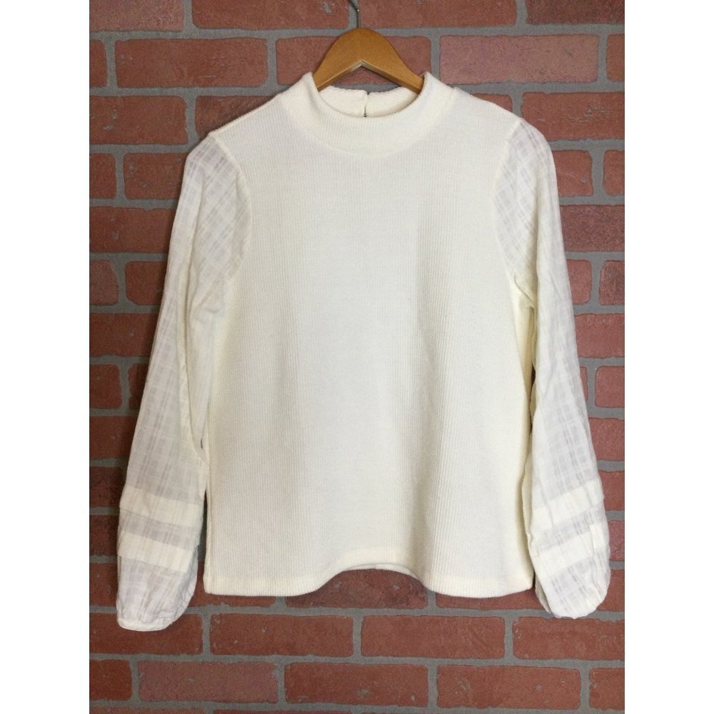 Madewell Women Mock Neck Bubble-Sleeve Knit Sweater Pullover Beige Size Medium
